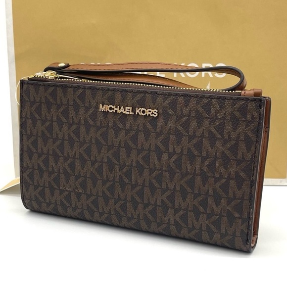 Michael Kors Large Double Zip Wallet Wristlet Brown Signature - Picture 1 of 7